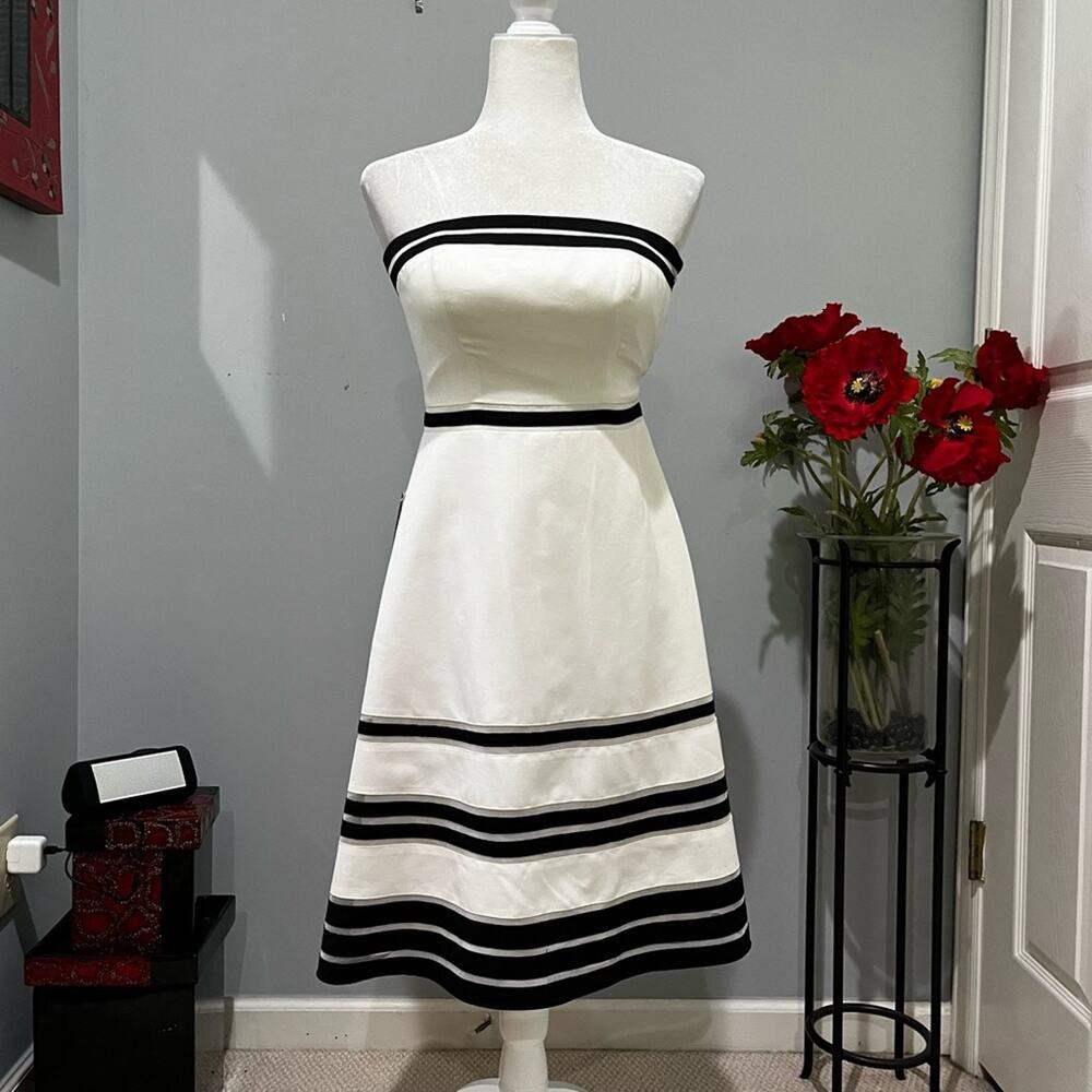 NEW Ann Taylor Silk Classic Structured Strapless Two-Tone Fit Flare Midi Dress - Picture 7 of 16